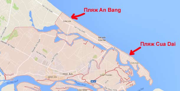 Пляжи Хойана на карте